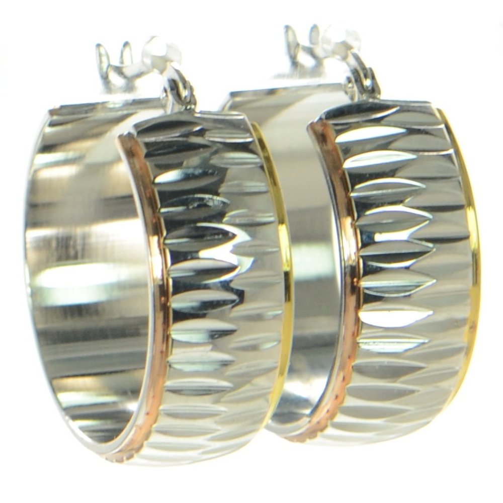 Steel by Design Stainless Steel Tri-Tone Diamond Cut Wide Hoop Earrings